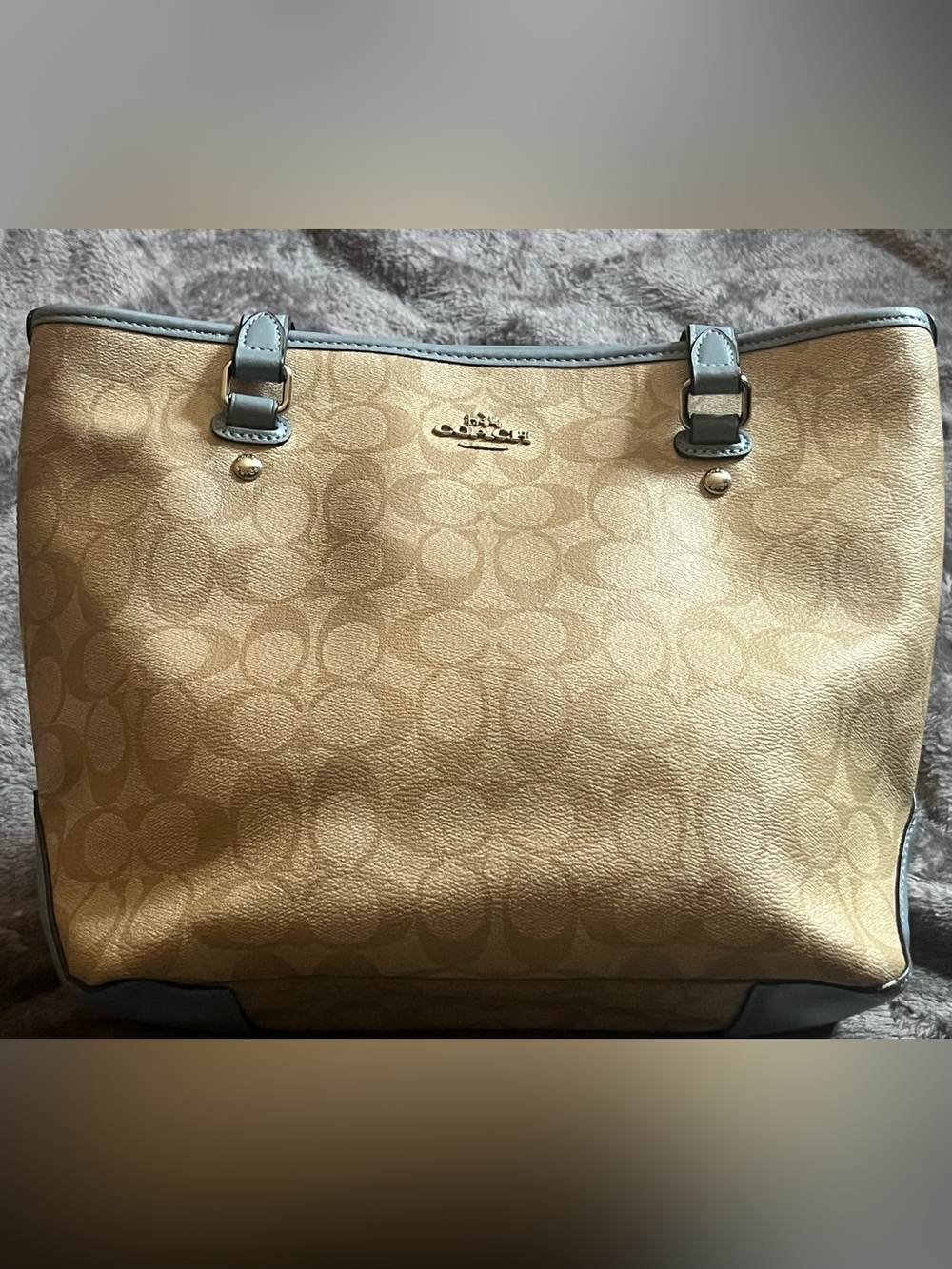 Coach Signature Monogram Print Tote with Blue Trim
